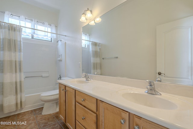 bathroom featuring a sink, tile patterned floors, toilet, and double vanity