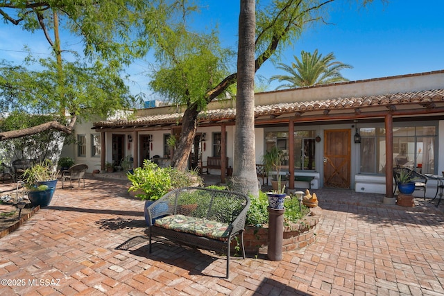 rear view of house with a patio, stucco siding, and a tile roof