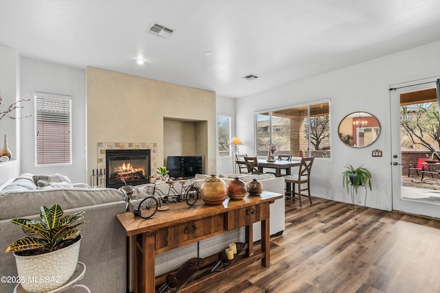 living area featuring visible vents, wood finished floors, a glass covered fireplace, and plenty of natural light