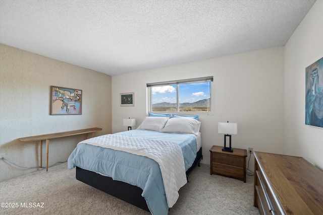 carpeted bedroom with a textured ceiling