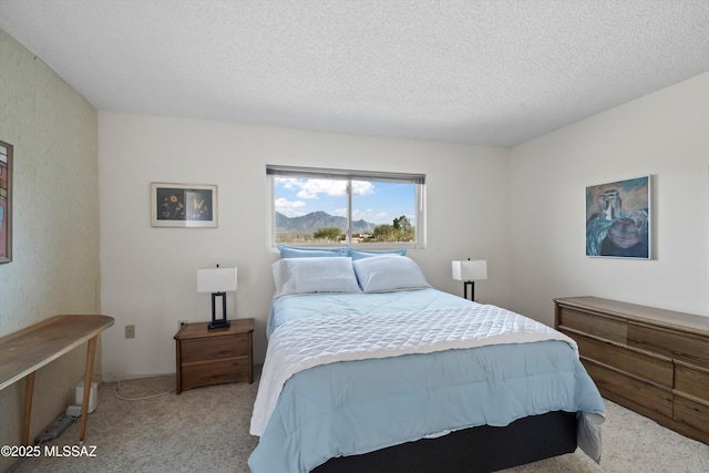 bedroom featuring a textured ceiling, carpet, and a mountain view
