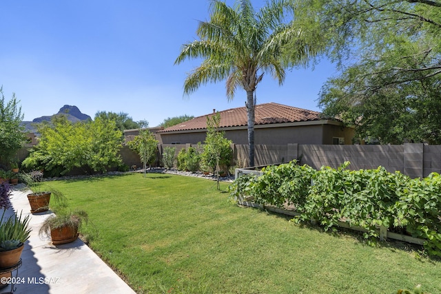 view of yard with a fenced backyard and a garden