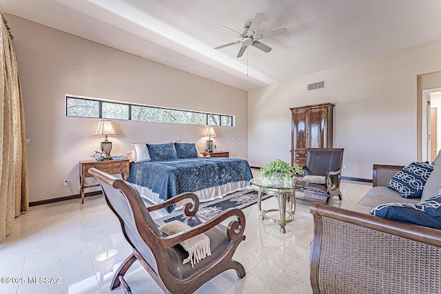 bedroom featuring visible vents, baseboards, marble finish floor, and vaulted ceiling
