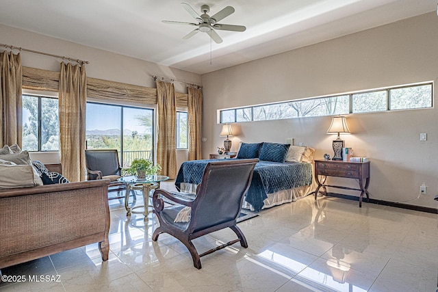 bedroom with marble finish floor, access to outside, baseboards, and ceiling fan