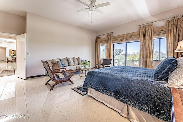 bedroom with ceiling fan, access to outside, marble finish floor, and baseboards