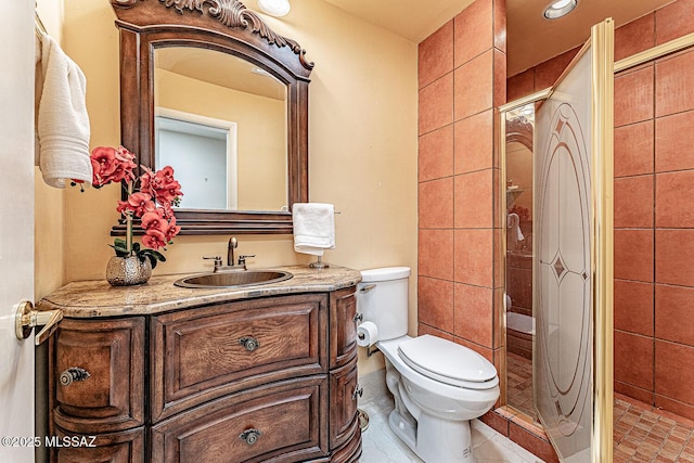 bathroom featuring a shower stall, vanity, and toilet