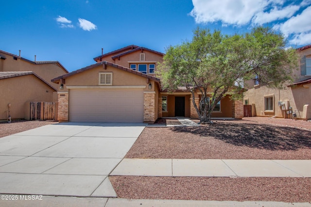 3590 E Canter Rd, Tucson, AZ 85739 - view of front of property featuring stucco siding, concrete driveway, stone siding, and a garage