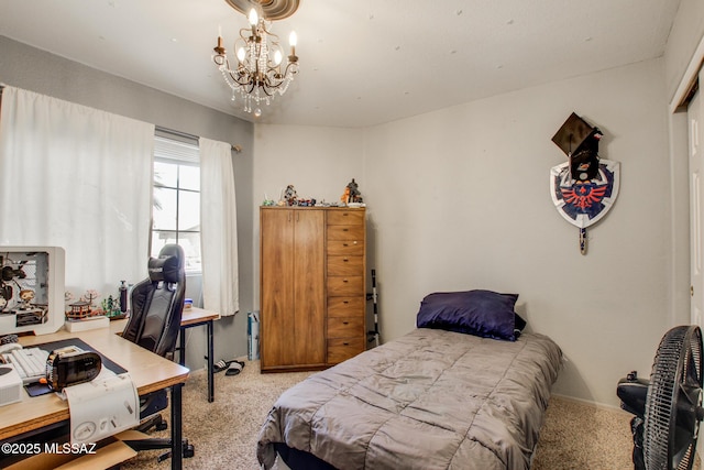 bedroom with carpet flooring, an inviting chandelier, and baseboards