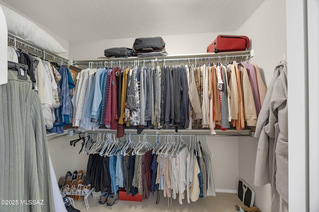 spacious closet featuring carpet flooring and heating unit