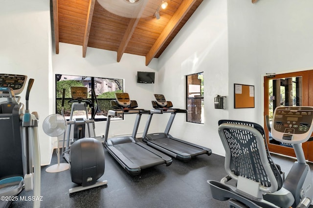 6655 N Canyon Crest Dr Unit 23102, Tucson, AZ 85750 - exercise room with wood ceiling with exposed beams, healthy amount of natural light, and high vaulted ceiling