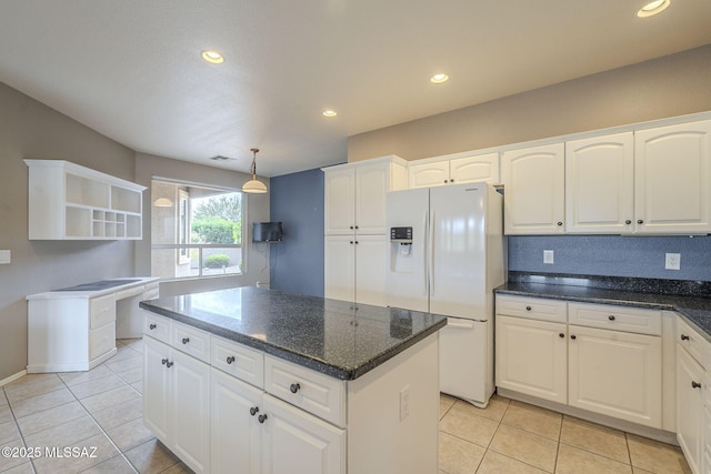 kitchen with white cabinetry, open shelves, a center island, light tile patterned flooring, and white fridge with ice dispenser