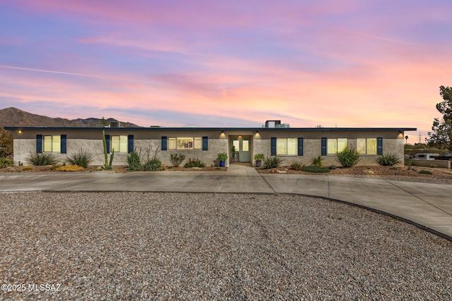 view of front of property featuring stucco siding and curved driveway
