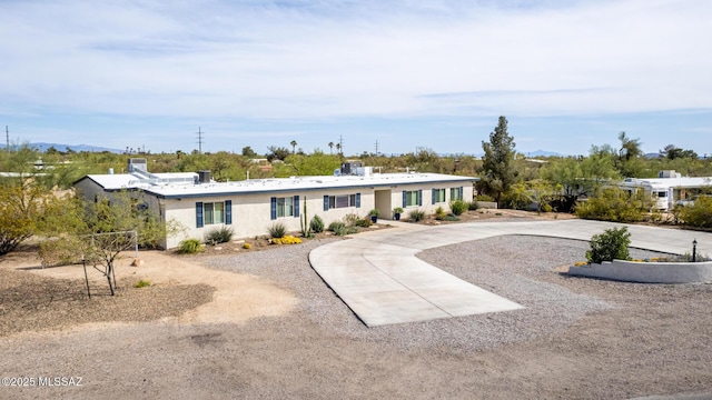 view of front of house featuring stucco siding and curved driveway