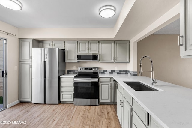 kitchen featuring gray cabinetry, light wood finished floors, a sink, and appliances with stainless steel finishes