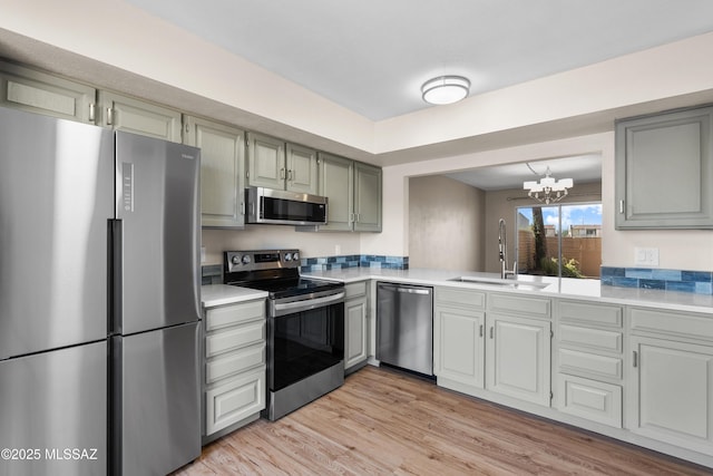kitchen featuring a notable chandelier, a sink, light countertops, light wood-style floors, and stainless steel appliances