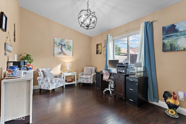 9704 E Paseo, San Rosendo, Tucson, AZ 85747 - office area featuring baseboards, a notable chandelier, dark wood-style floors, and lofted ceiling