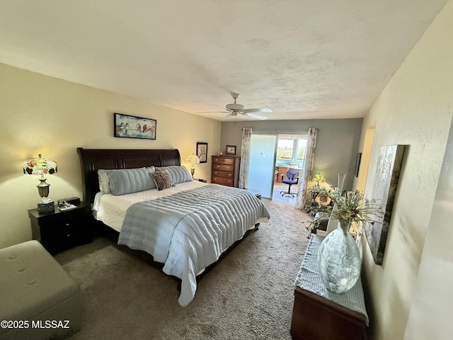 carpeted bedroom with access to exterior and a ceiling fan