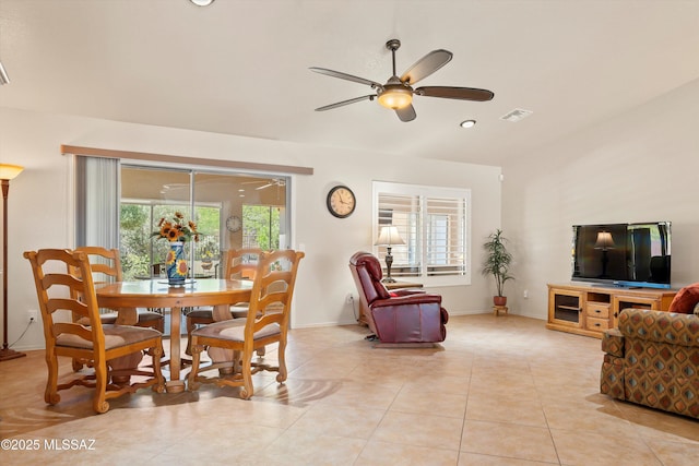 dining room featuring visible vents, light tile patterned floors, baseboards, a ceiling fan, and recessed lighting