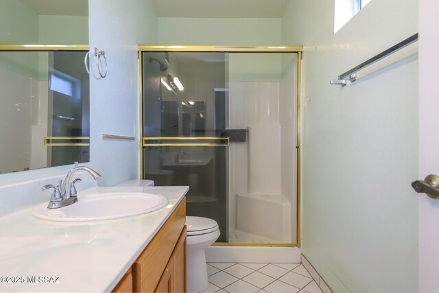 bathroom featuring tile patterned floors, vanity, a shower stall, and toilet