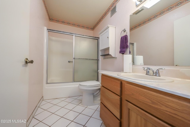 bathroom with vanity, enclosed tub / shower combo, toilet, tile patterned flooring, and visible vents