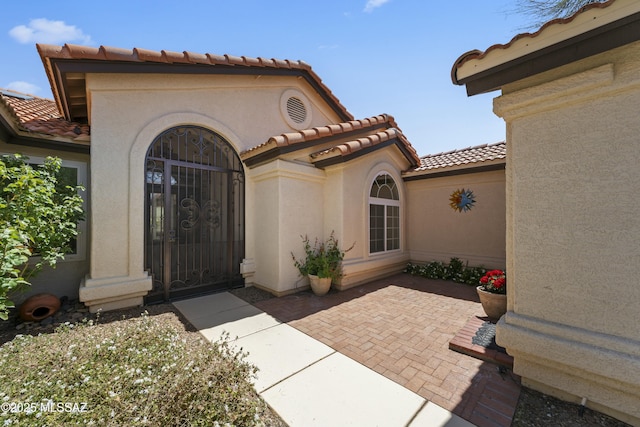 entrance to property featuring a patio area, stucco siding, and a tile roof