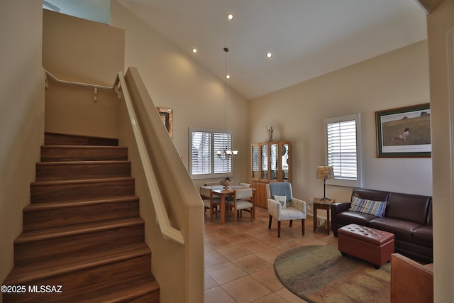 5200 E Calle Vista De Colores, Tucson, AZ 85711 - staircase with high vaulted ceiling, tile patterned floors, and recessed lighting
