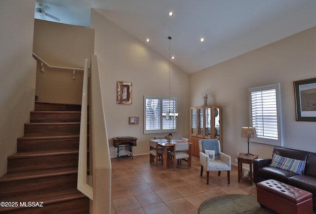 5200 E Calle Vista De Colores, Tucson, AZ 85711 - living area with tile patterned floors, stairway, high vaulted ceiling, recessed lighting, and baseboards