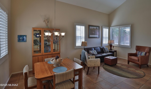 5200 E Calle Vista De Colores, Tucson, AZ 85711 - dining area featuring a chandelier, tile patterned floors, baseboards, high vaulted ceiling, and radiator