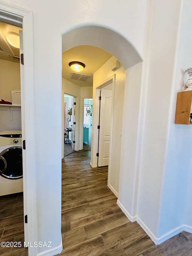 8332 S Otis Dr, Tucson, AZ 85747 - living room featuring lofted ceiling, visible vents, ceiling fan, arched walkways, and dark wood-style floors