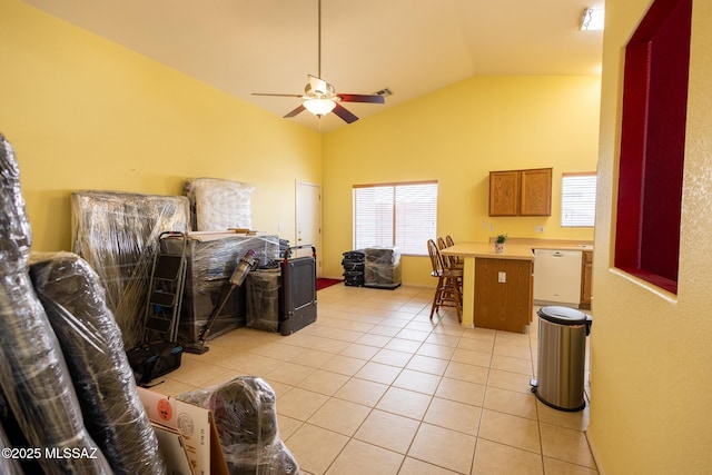 10532 E Malta St, Tucson, AZ 85747 - living room with lofted ceiling, light tile patterned floors, and ceiling fan