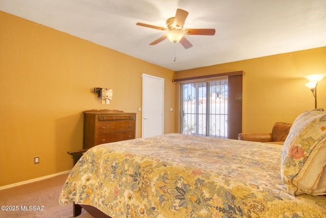 bedroom with access to exterior, carpet floors, baseboards, and ceiling fan