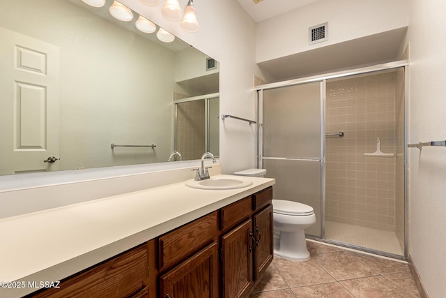 bathroom featuring toilet, vanity, a shower stall, tile patterned flooring, and visible vents