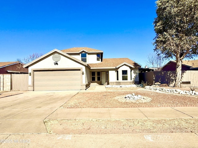3438 Avenida Del Pueblo, Tucson, AZ 85746 - view of front of home featuring fence, a shingled roof, concrete driveway, stucco siding, and a garage