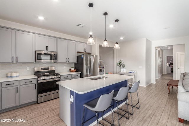 kitchen featuring a sink, gray cabinetry, stainless steel appliances, visible vents, and decorative backsplash