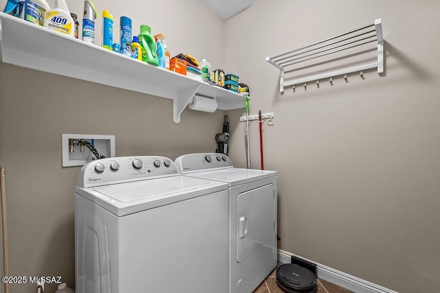 clothes washing area featuring baseboards, laundry area, tile patterned floors, and washer and clothes dryer