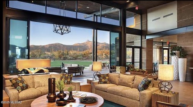 community lobby with a mountain view