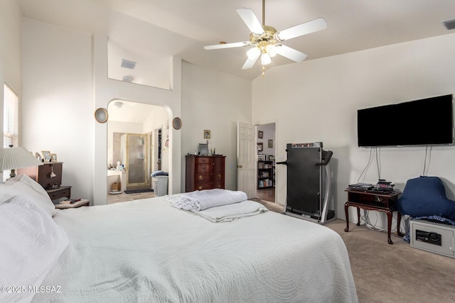 carpeted bedroom with a ceiling fan, high vaulted ceiling, and visible vents