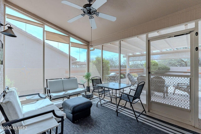 36526 S Wind Crest Dr, Tucson, AZ 85739 - sunroom featuring outdoor dining space, lofted ceiling, an outdoor hangout area, and ceiling fan
