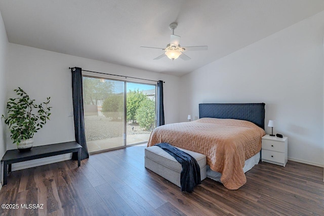 36526 S Wind Crest Dr, Tucson, AZ 85739 - bedroom featuring a ceiling fan, access to outside, lofted ceiling, and wood finished floors