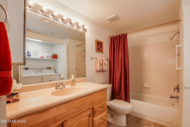 full bath featuring tile patterned floors, toilet, shower / tub combo with curtain, independent washer and dryer, and visible vents