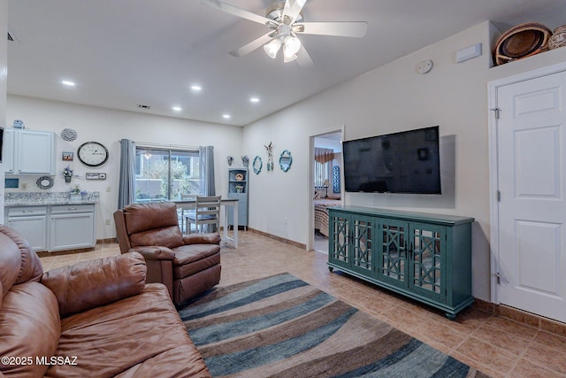 living area featuring a ceiling fan, light tile patterned floors, baseboards, visible vents, and recessed lighting