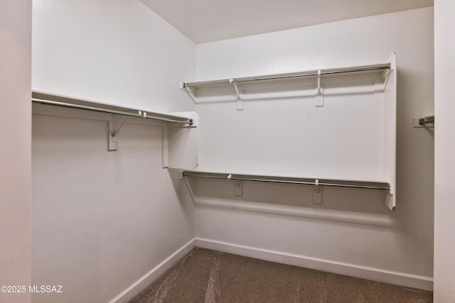 spacious closet featuring dark carpet