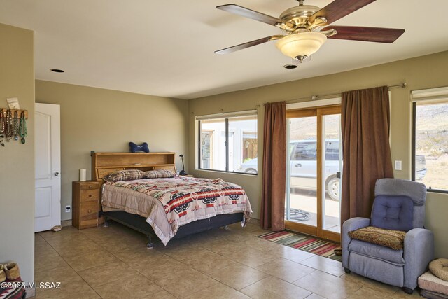 bedroom with tile patterned floors, access to outside, and ceiling fan