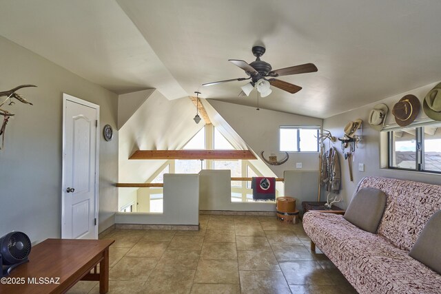 living room with vaulted ceiling and a ceiling fan