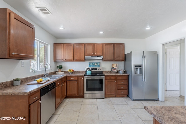 6517 E Cooper St, Tucson, AZ 85710 - kitchen featuring stainless steel appliances, under cabinet range hood, a sink, brown cabinets, and recessed lighting