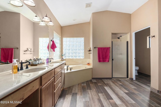bathroom with lofted ceiling, toilet, a shower stall, a sink, and wood finished floors