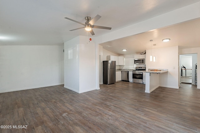 kitchen with dark wood-style flooring, white cabinets, a ceiling fan, appliances with stainless steel finishes, and open floor plan