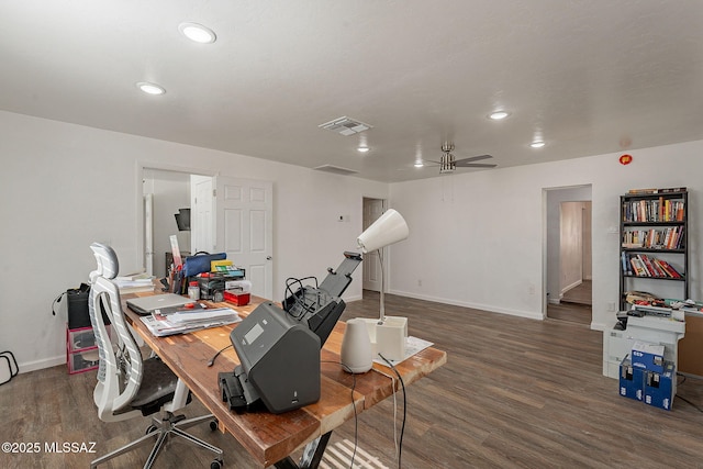 home office featuring visible vents, baseboards, ceiling fan, wood finished floors, and recessed lighting