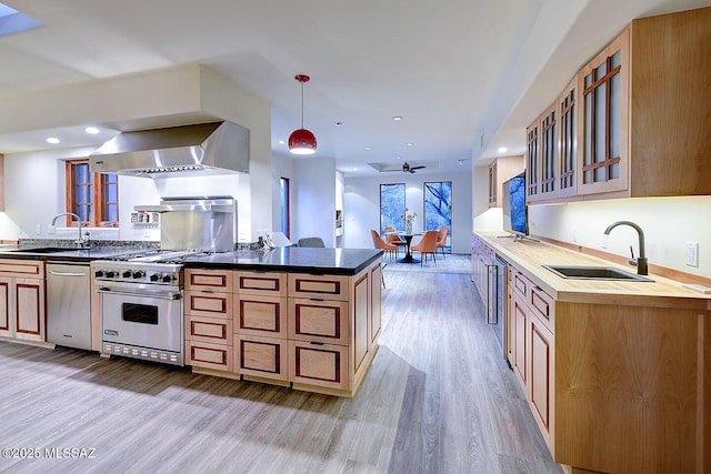 kitchen with glass insert cabinets, a sink, stainless steel appliances, light wood-type flooring, and wall chimney exhaust hood