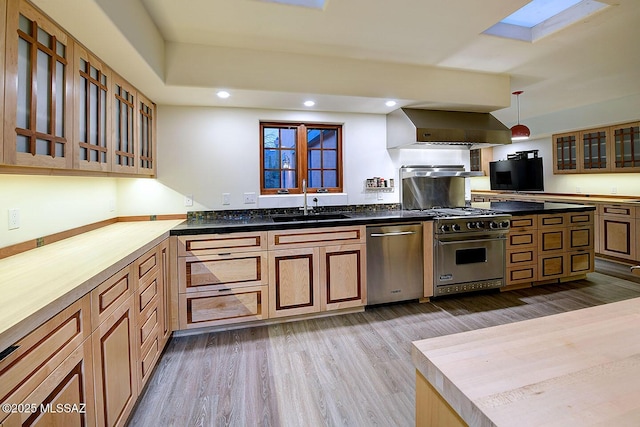 kitchen featuring a sink, wall chimney range hood, a skylight, appliances with stainless steel finishes, and wood finished floors